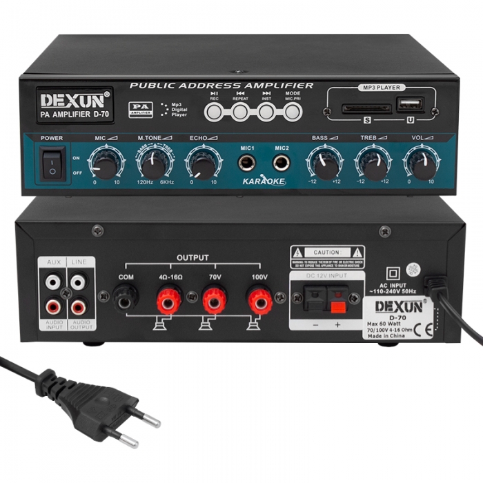 DEXUN D-70 50 WATT 100V-70V 4-16 OHM USB-SD-AUX-BLUETOOTH DESTEKLİ HAT TRAFOLU ANFİ