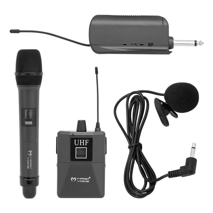 MAGICVOICE MV-1305YE UHF 1 EL + 1 YAKA EKRANLI KABLOSUZ TELSİZ MİKROFON