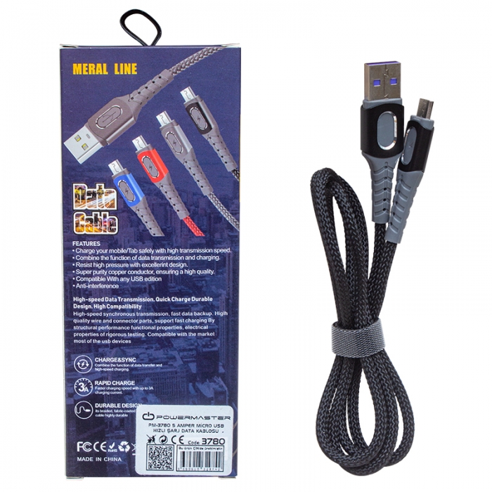 POWERMASTER PM-3780 5 AMPER MICRO USB ÖRGÜLÜ HIZLI ŞARJ DATA KABLOSU