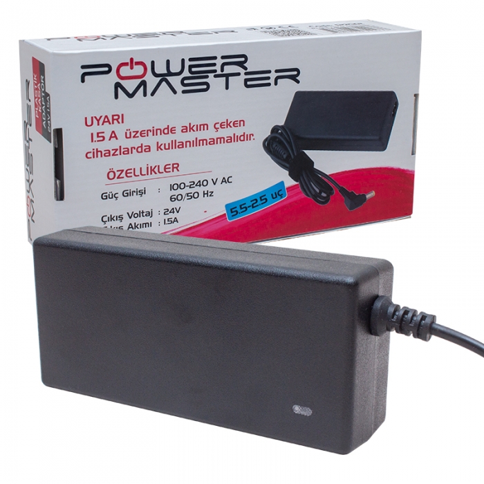 POWERMASTER PM-12232 24 VOLT - 1.5 AMPER 5.5*2.5 MM UÇLU PLASTİK KASA MASAÜSTÜ ADAPTÖR