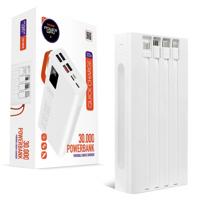 POWERWAY QC30S 30000 MAH DİJİTAL GÖSTERGELİ KENDİNDEN KABLOLU POWERBANK