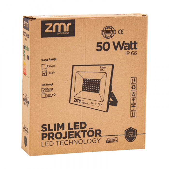 ZMR 50 WATT - 220 VOLT 6500K IP66 150* IŞIK AÇISI SİYAH SLİM KASA LED PROJEKTÖR