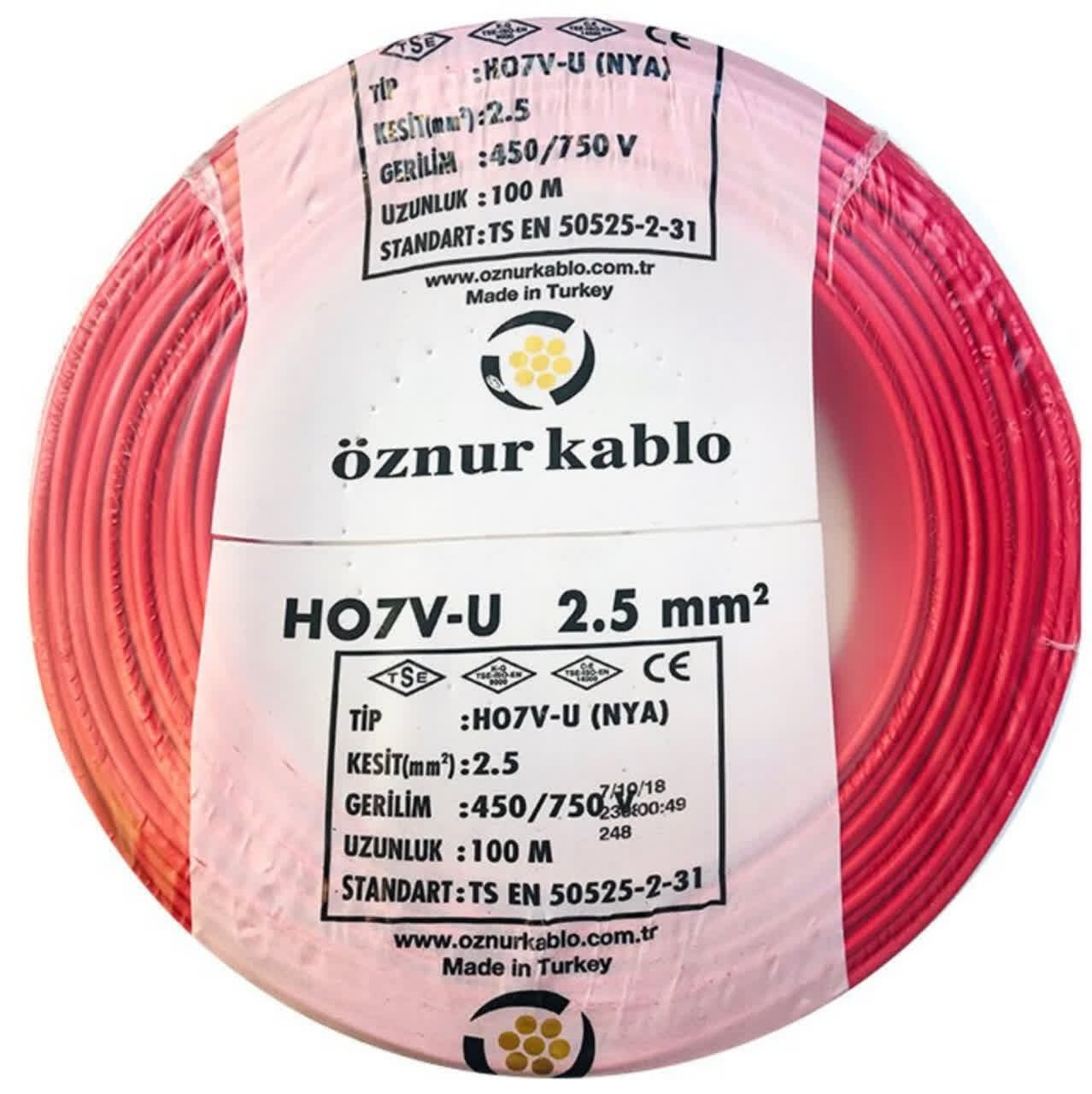 Öznur Kablo 2,5 mm Nya Tek Damarlı Bakır Elektrik Kablosu Kırmızı 100 Metre