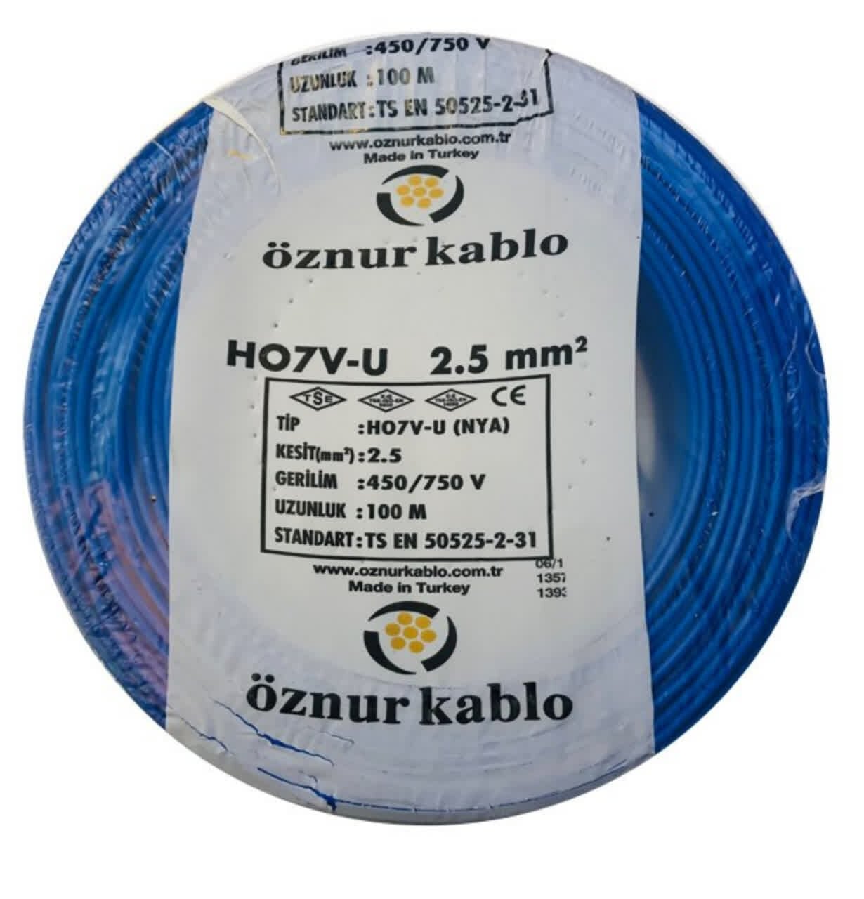 Öznur Kablo 2,5 mm Nya Tek Damarlı Bakır Elektrik Kablosu Mavi 100 Metre