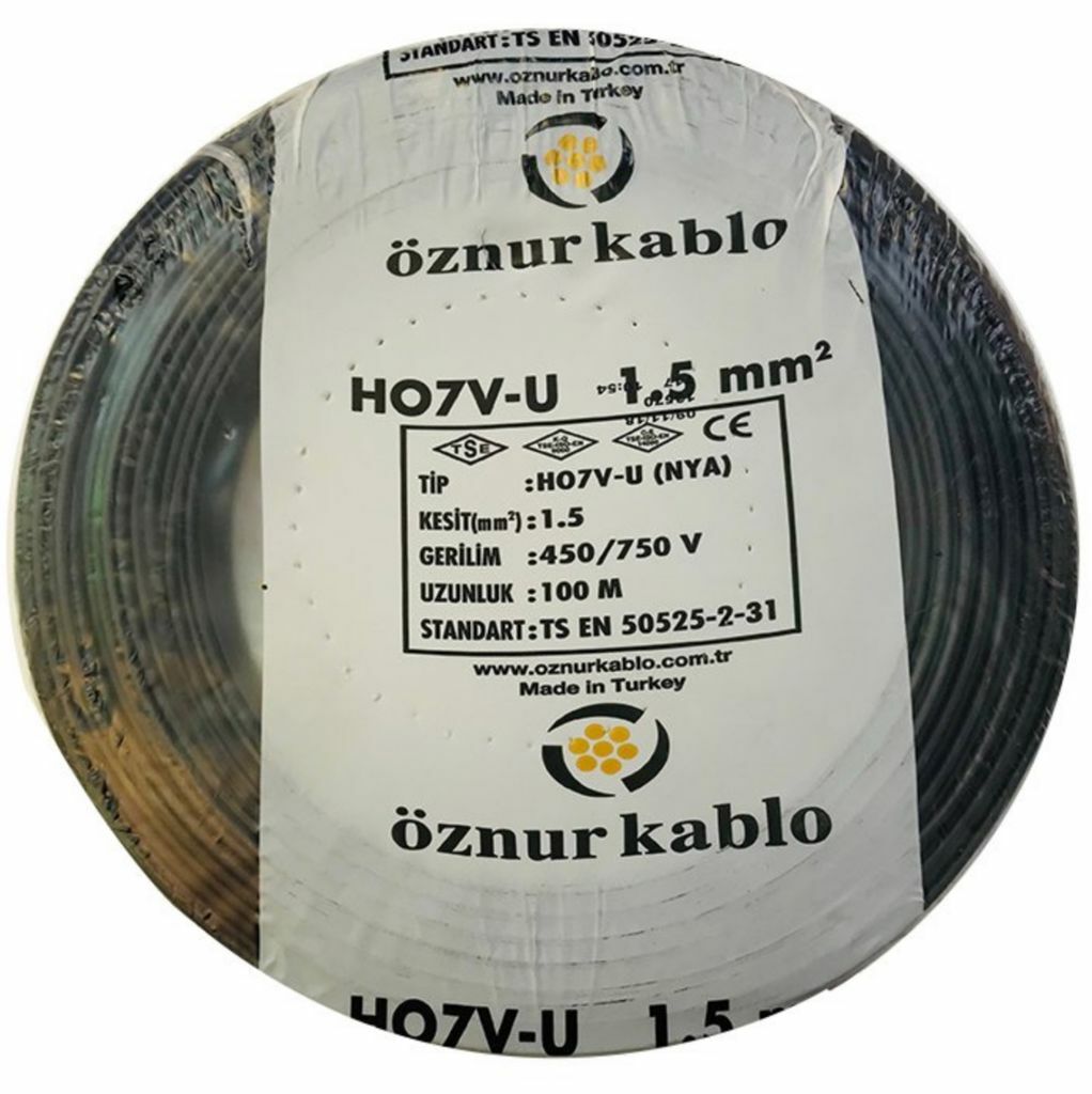 Öznur Kablo 1,5 mm Nya Tek Damarlı Bakır Elektrik Kablosu Siyah 100 Metre