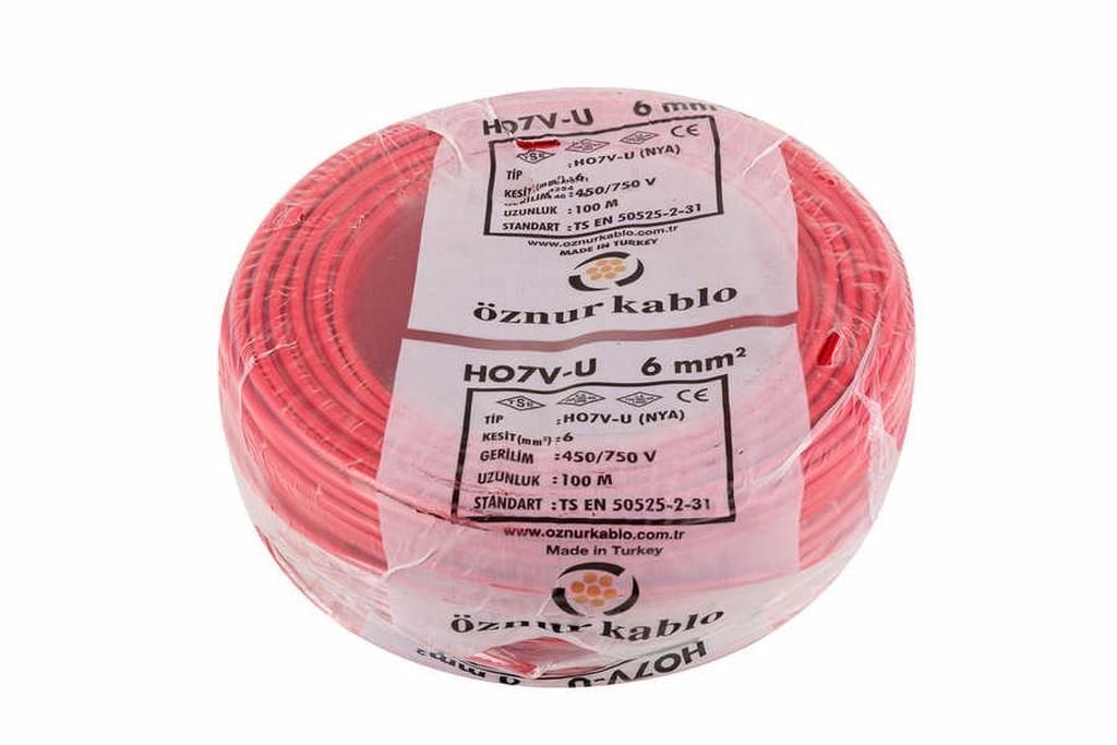 Öznur Kablo 6 mm Nya Tek Damarlı Yanmaz Bakır Elektrik Kablosu Kırmızı 100 Metre