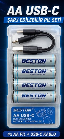 BESTON 2AC-60 1.5 VOLT 2200 MAH 4'LÜ AA PİL + USB-C ŞARJ EDİLEBİLİR PİL SETİ