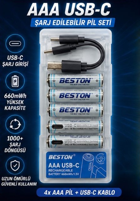 BESTON 3AC-18 1.5 VOLT 660 MAH 4'LÜ AAA + USB-C KABLO ŞARJ EDİLEBİLİR PİL SETİ