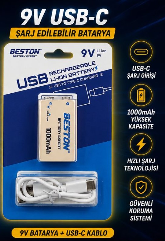 BESTON 9VC-10CV 9 VOLT LI-ON 1000 MAH + USB- C KABLO ŞARJ EDİLEBİLİR PİL BATARYA