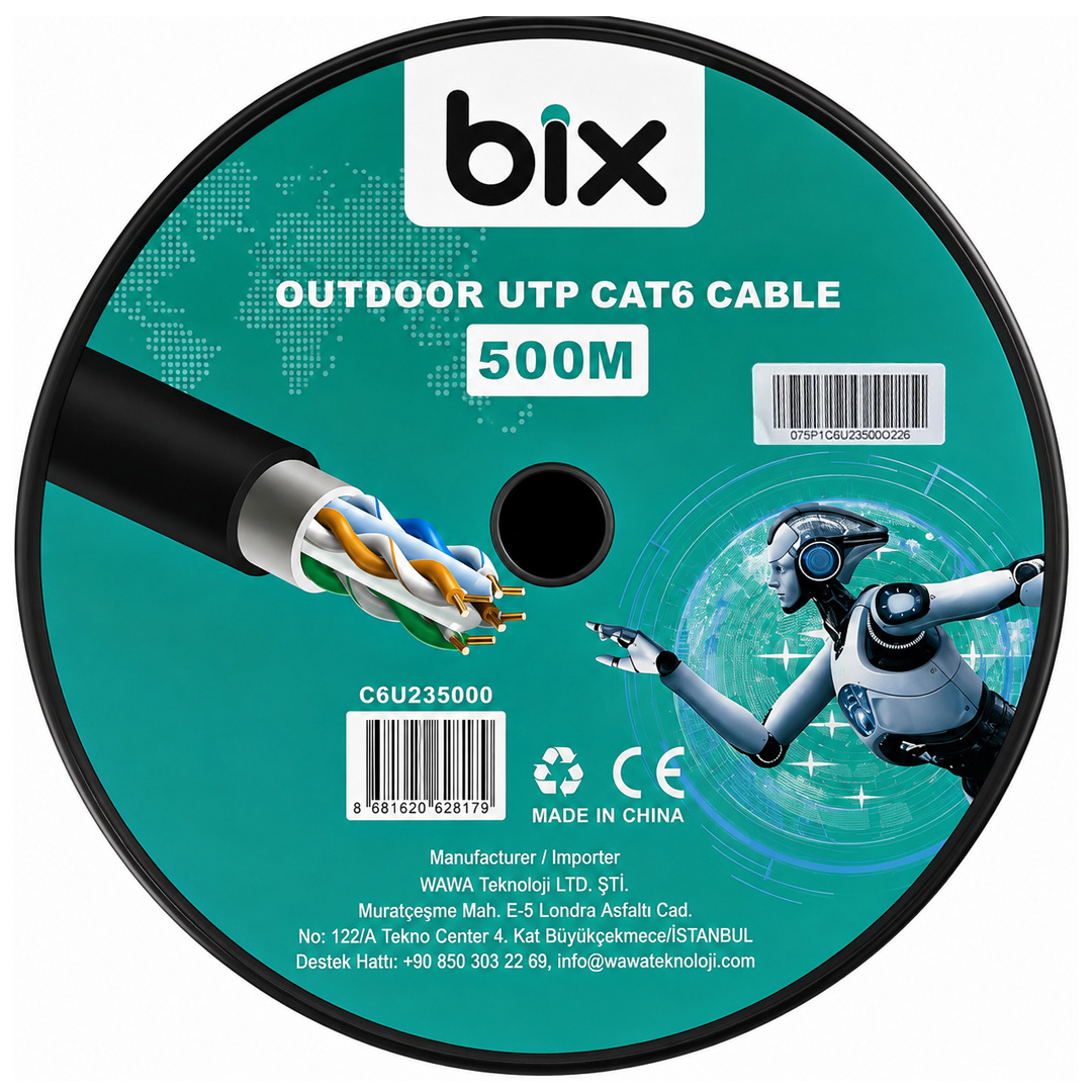 BIX C6U23500O SİYAH 23 AWG 1/0.57MM 500 METRE UTP DIŞ MEKAN ORTAM CAT6 KABLO (500M)