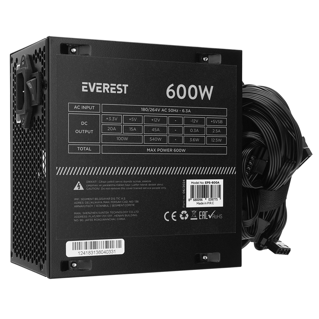 EVEREST EPS-600A REAL 600W 4*SATA 12CM FANLI OYUNCU PC DESTEKLİ POWER SUPPLY PSU