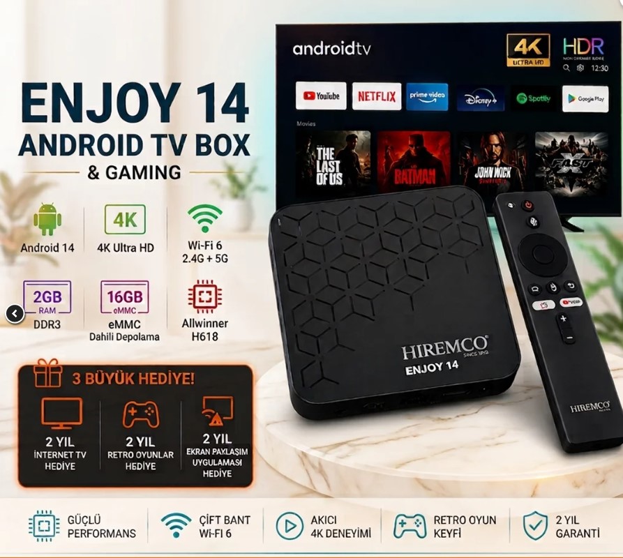 HIREMCO ENJOY 14 ANDROID 14 2GB RAM 16GB DAHİLİ HAFIZA WI-FI 6 DESTEKLİ GAMING ANDROID TV BOX