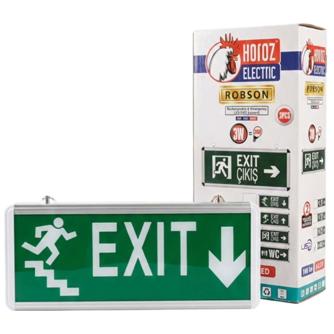 HOROZ ROBSON 3W 160 LÜMEN ŞARJLI ACİL MERDİVEN AŞAĞI ÇIKIŞ EXİT LEVHASI (2'Lİ PAKET)