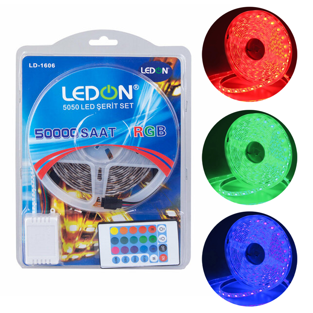LEDON LD-1606 SU GEÇİRMEZ 5 METRE RGB ŞERİT LED ANİMASYON DEVRELİ ADAPTÖRLÜ SET 5050 3 ÇİPLİ SİLİKONLU