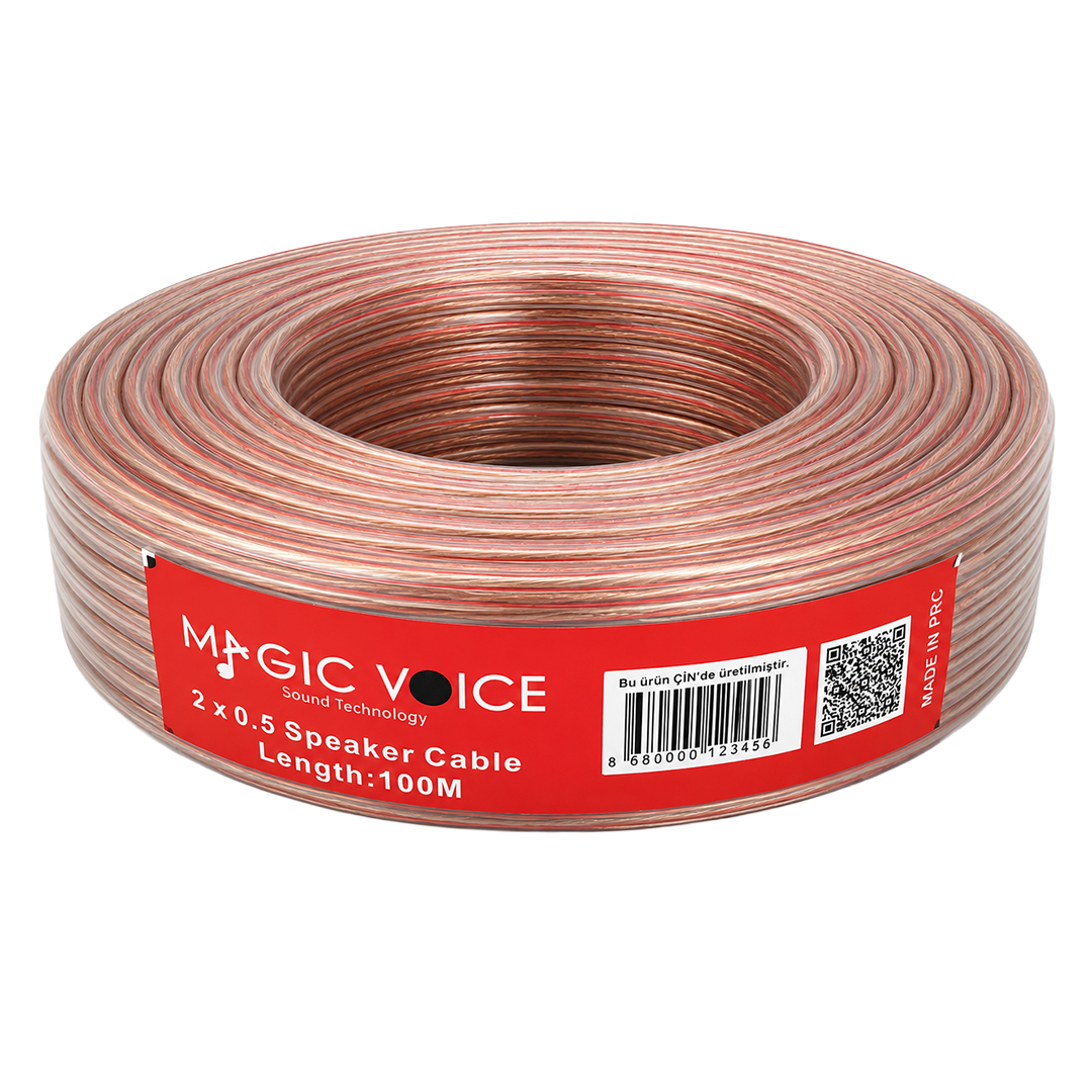 MAGICVOICE 2X0.50 MM ŞEFFAF KIRMIZI ÇİZGİLİ 100 METRE CCA HOPARLÖR KABLOSU