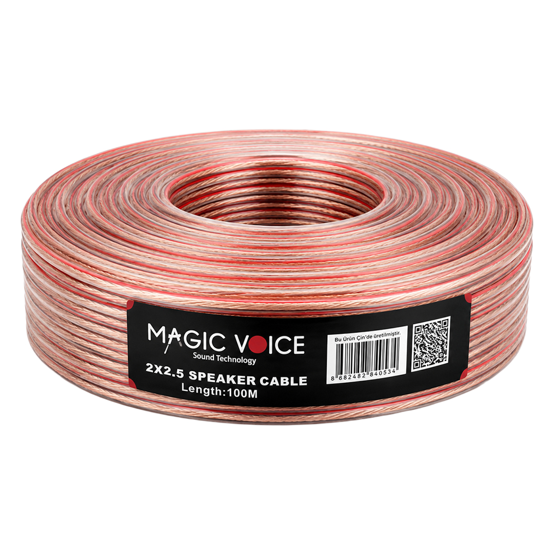 MAGICVOICE 2X2.5 ŞEFFAF KIRMIZI ÇİZGİLİ 100 METRE CCA HOPARLÖR KABLOSU