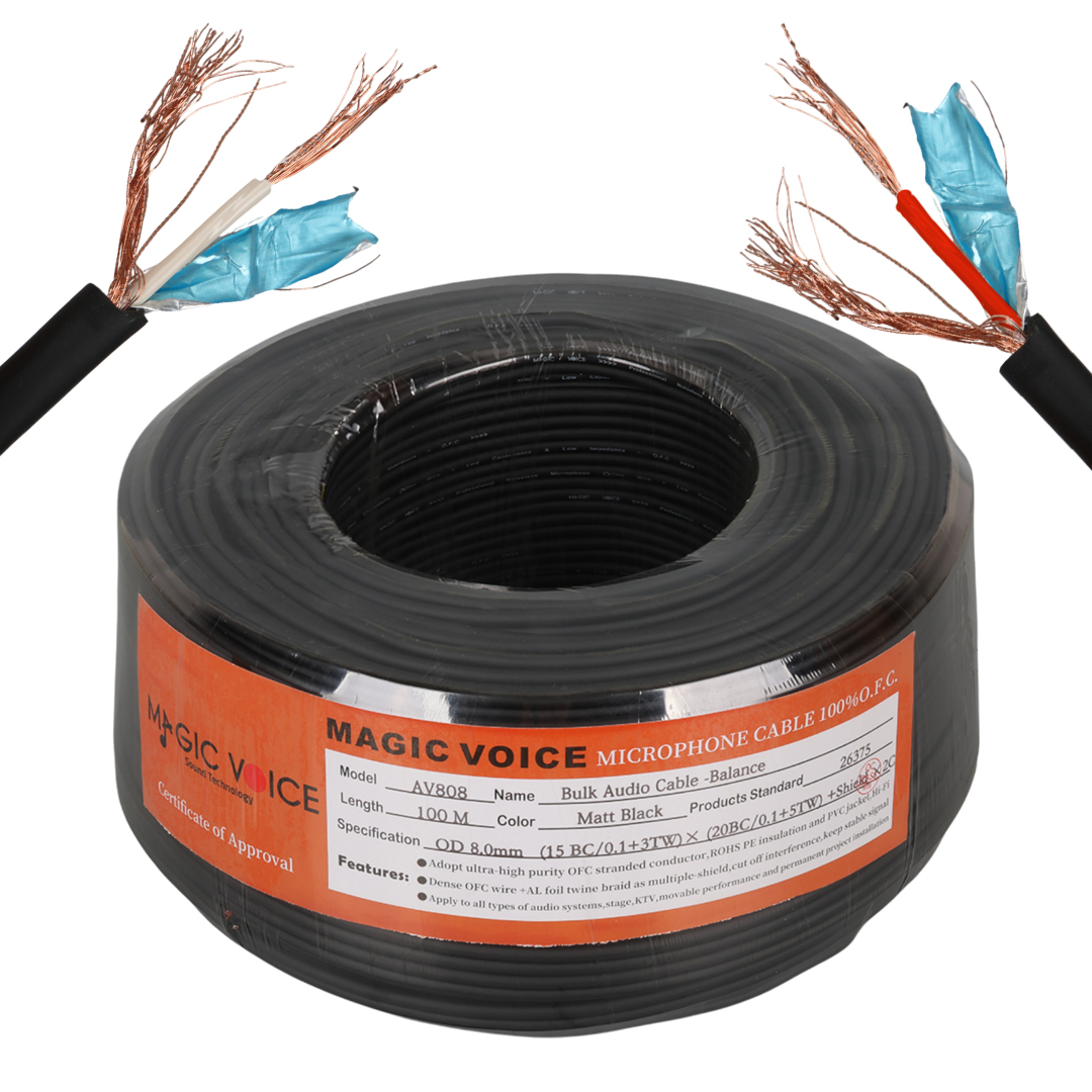 MAGİCVOİCE AV808 PROFESYONEL 2 DAMARLI BLENDAJLI ENSTRÜMAN MİKROFON BAKIR SES KABLOSU 100 METRE OD 8.0 (FOLYO ZIRHLI)