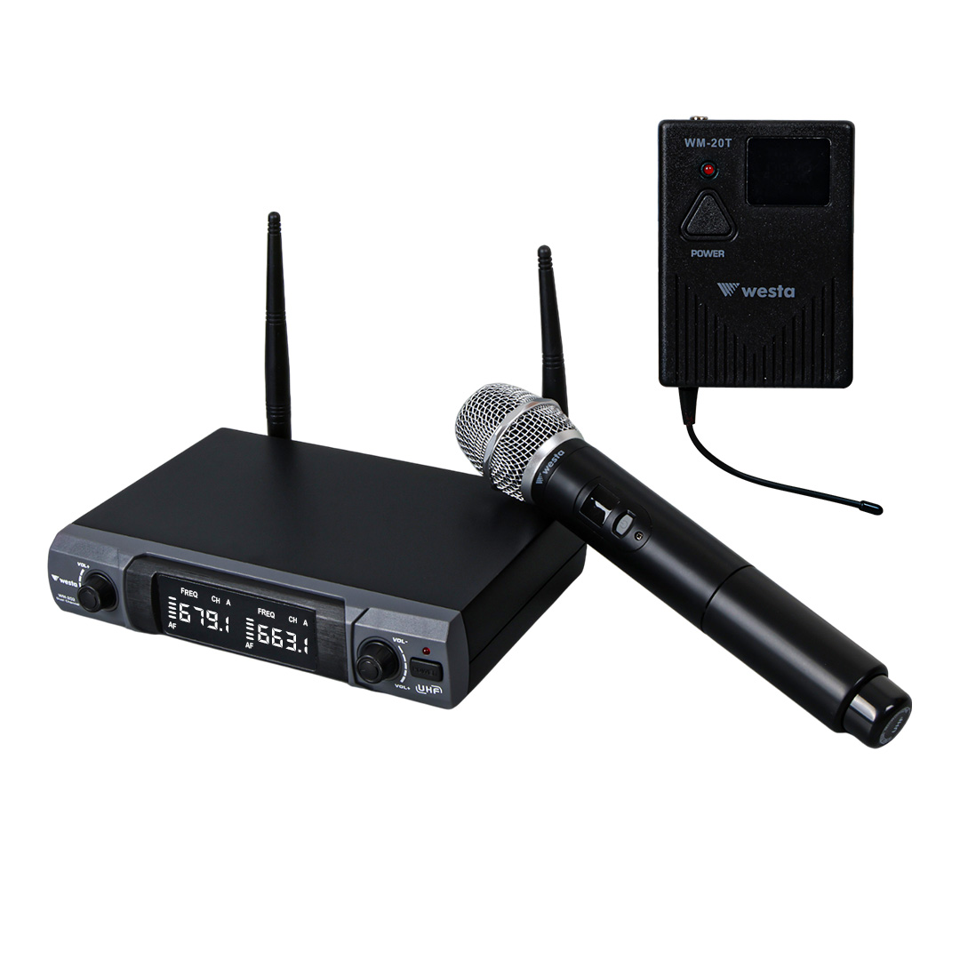 WESTA WM-202HT 1 ALICI + 1 EL MİKROFONU +1 YAKA (LAVALİER) KABLOSUZ UHF TELSİZ MİKROFON SETİ