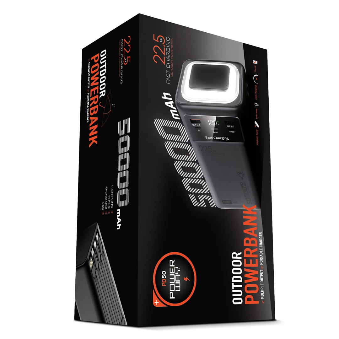 POWERWAY PD50 22.5 WATT SUPER HIZLI DİJİTAL GÖSTERGELİ ORJİNAL 50000 MAH KABLOLU POWERBANK