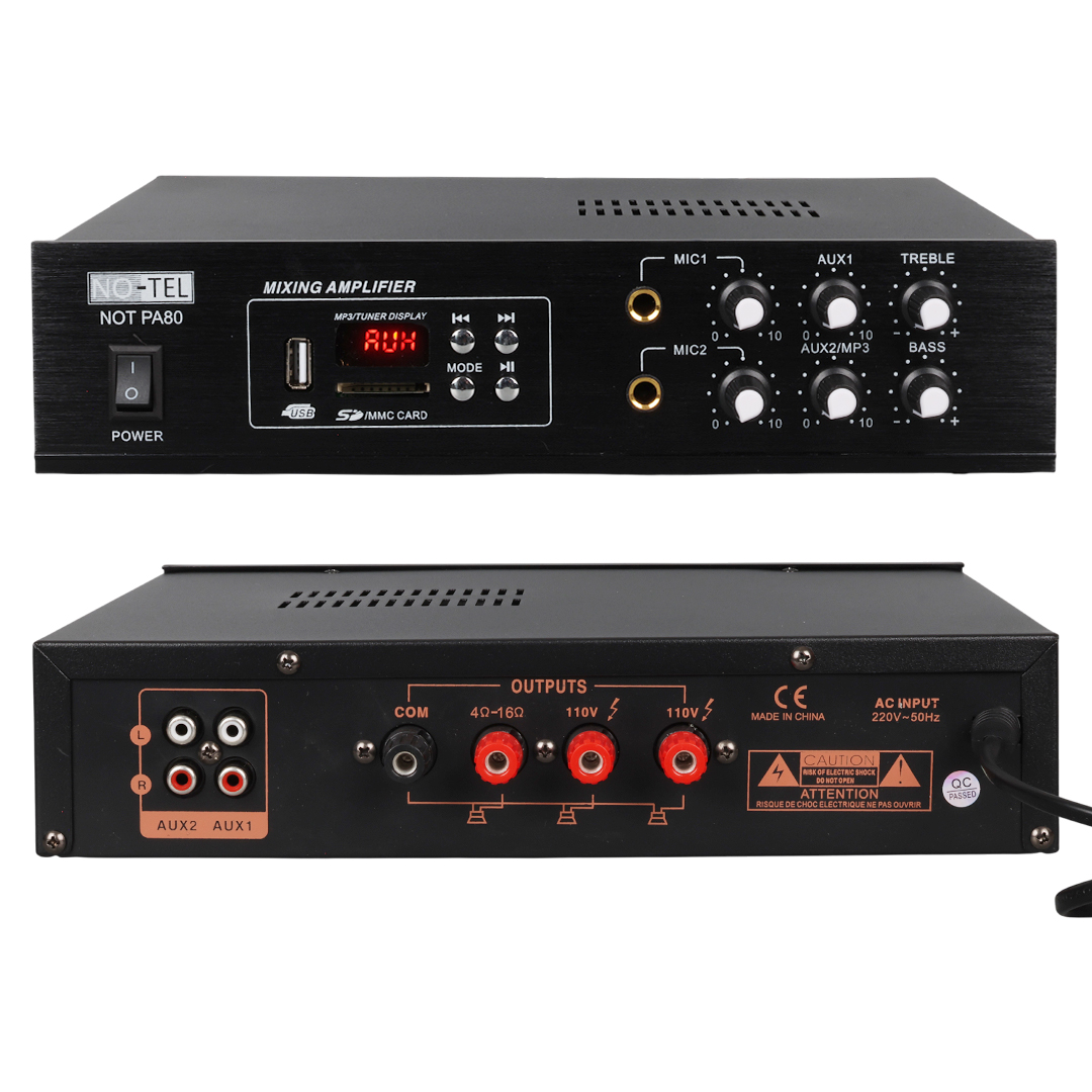 NOTEL NOT-PA80 MİNİ-50W USB/SD/BLUETOOTH/UK -4-16-70.100V-2-MİK GİRİŞ TRAFOLU ANFİ