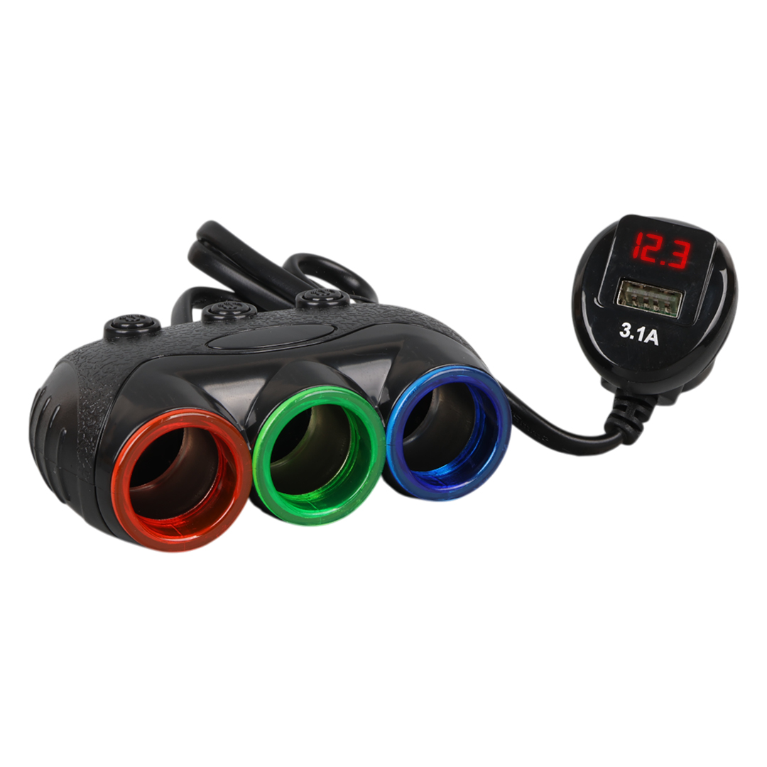 OLESSON 1633 12-24V 3'LÜ USB'Lİ 120W 80CM KABLOLU DİJİTAL EKRANLI ARAÇ ÇAKMAK ÇOKLAYICI