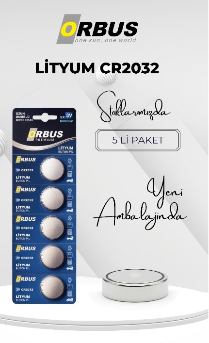ORBUS CR2032 3 VOLT LİTYUM BUTON PİL (5'Lİ PAKET FİYATI)