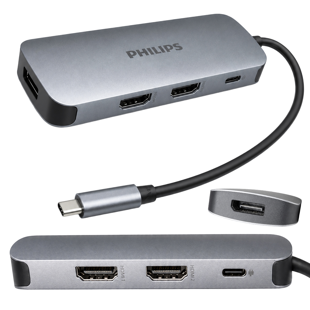 PHİLİPS SWR1602T/93 USB-C 7'Sİ 1 ARADA 8K DP + DUAL 4K HDMI 100W PD ÇOK FONKSİYONLU HUB