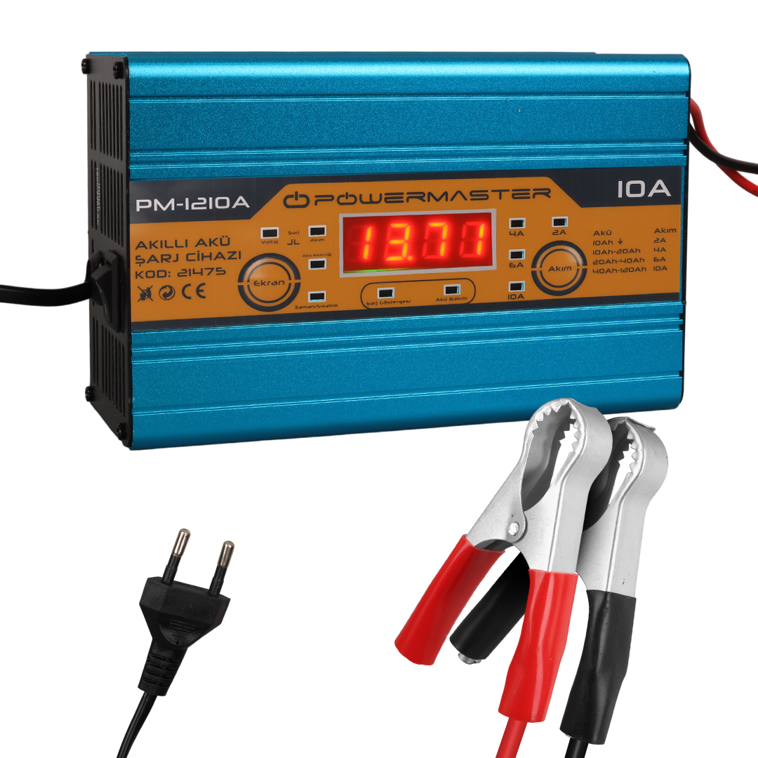 POWERMASTER PM-1210A 12 VOLT MAX 10 AMPER DİGİTAL EKRANLI AKILLI KURU - ASİT - JEL AKÜ ŞARJ CİHAZI
