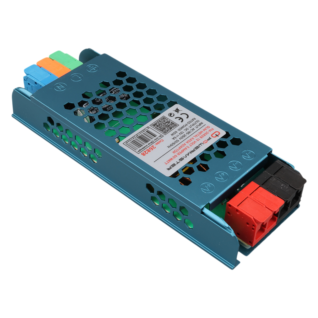 POWERMASTER PM-26828 PLUS 12 VOLT 5 AMPER 60 WATT SLIM METAL KASA ADAPTÖR 140X50X23MM