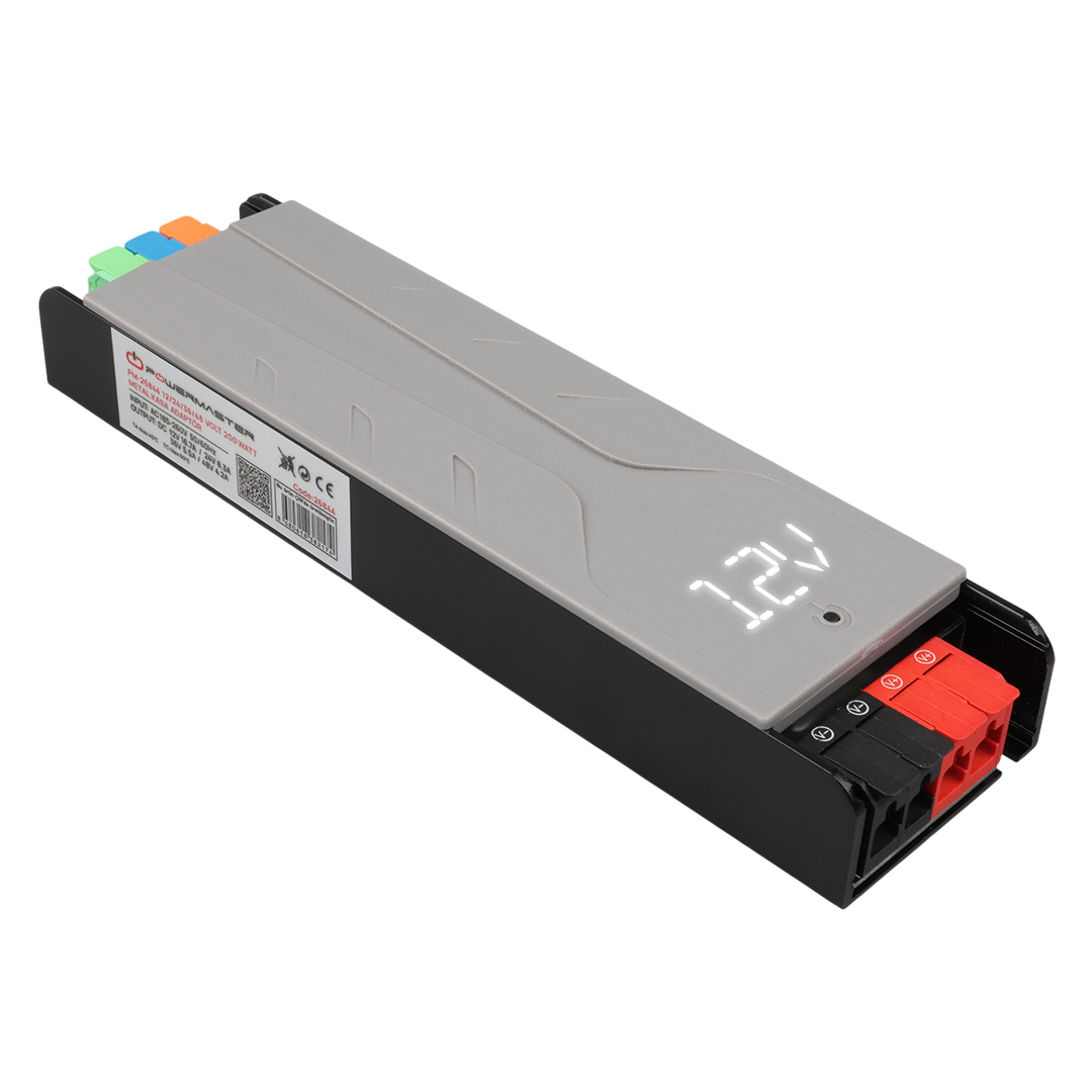 POWERMASTER PM-26844 12/24/36/48V AYARLANABİLİR 8.4A 200W VOLTAJ GÖSTERGELİ METAL KASA ADAPTÖR 189X51X27MM