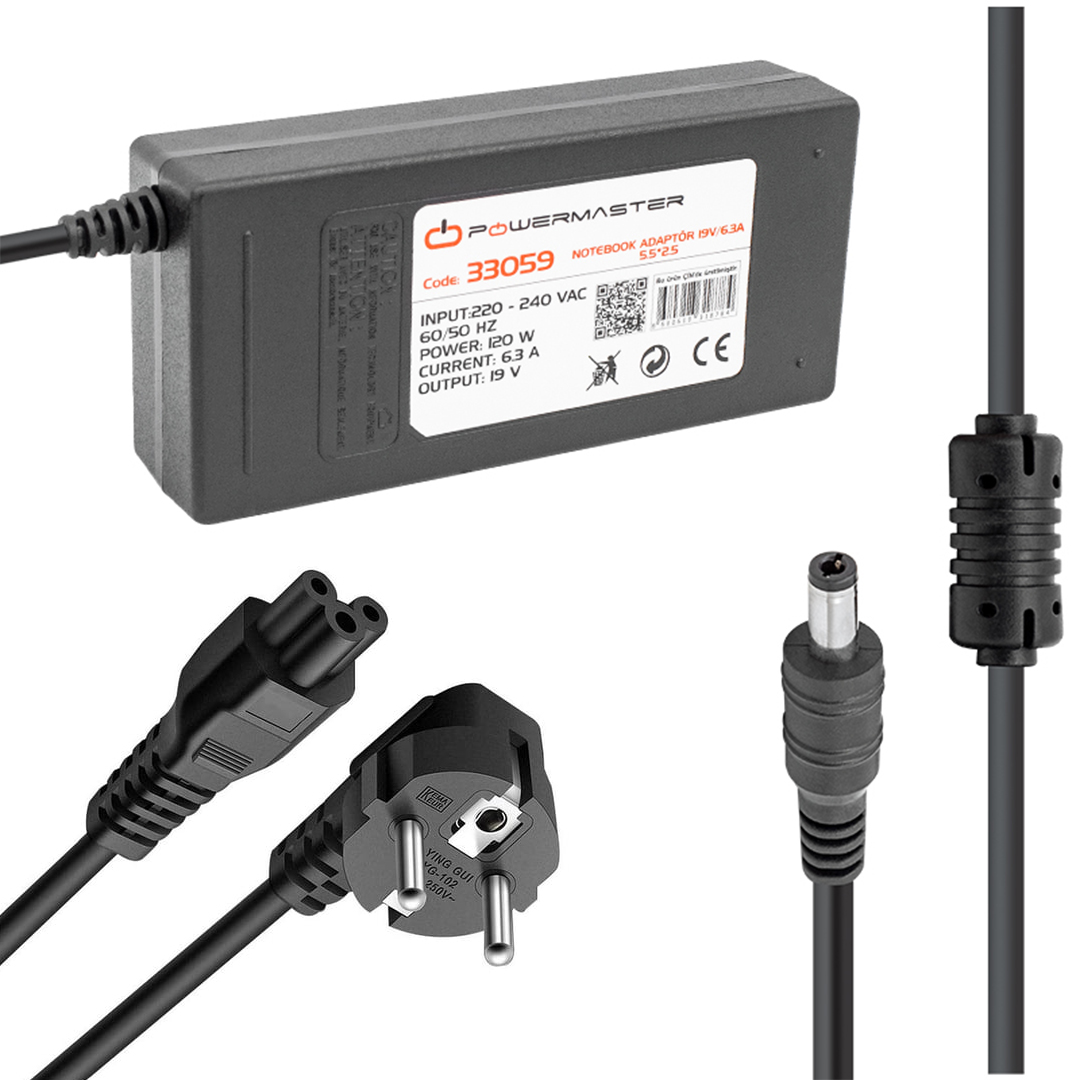 POWERMASTER PM-33059 19 VOLT - 6.3 AMPER - 120 WATT 5.5*2.5 MM UÇLU ADAPTÖR (TOSHIBA NOTEBOOK)
