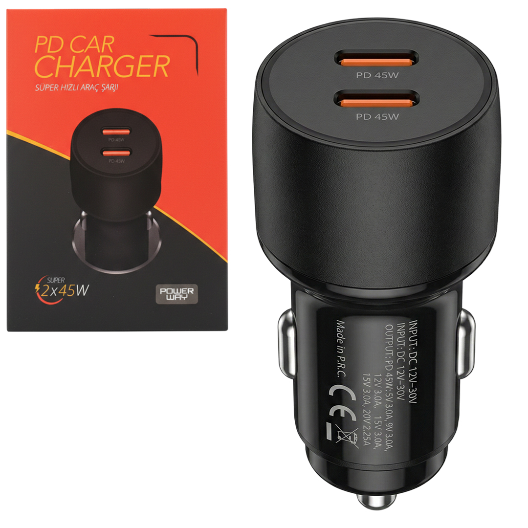 POWERWAY CC45 PD 2X45W ÇİFT TYPE-C ÇIKIŞLI ULTRA HIZLI ARAÇ ŞARJI