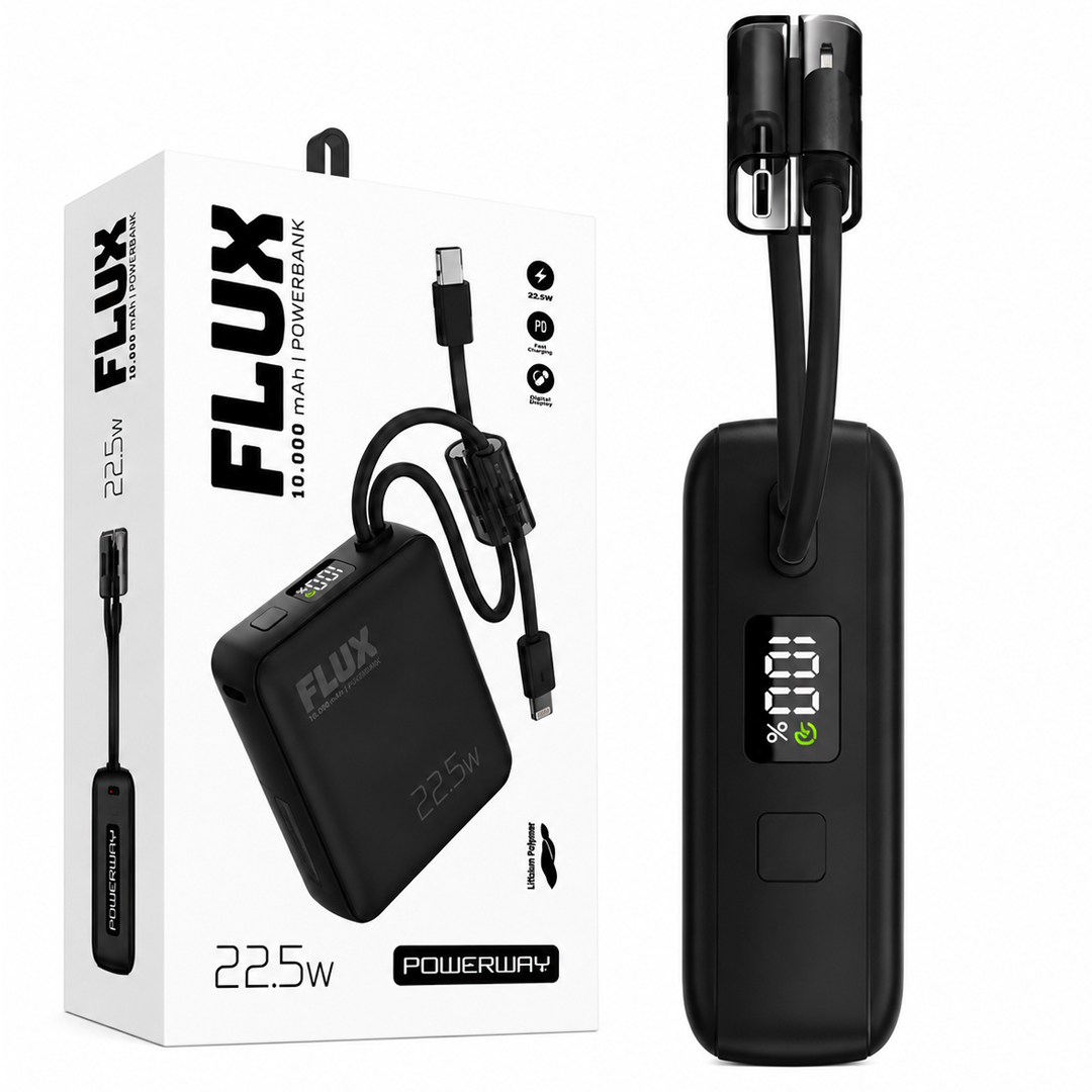 POWERWAY FLUX  DİJİTAL EKRAN 22.5W KABLOLU 10.000 MAH SİYAH POWERBANK