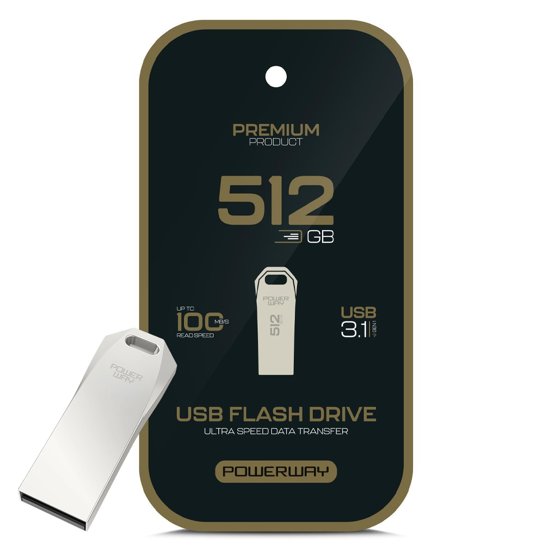 POWERWAY PREMİUM 512 GB 100MB/S ULTRA HIZLI 3.1 USB METAL SİLVER FLASH BELLEK