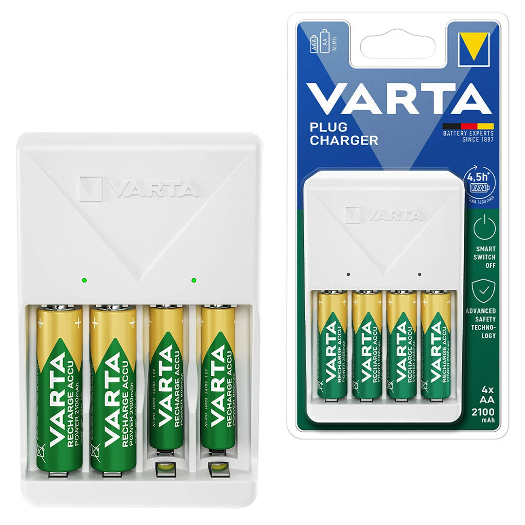 VARTA PLUG AA/AAA KALEM PİL ŞARJ CİHAZI ALETİ + 4 ADET 2100MAH AA HR6 Nİ-MH ŞARJ EDİLEBİLİR PİL HEDİYELİ