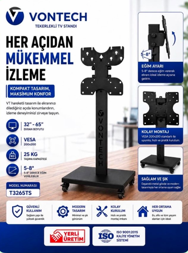 VONTECH T3265TS 32" - 65" TEKERLEKLİ MASAÜSTÜ HAREKETLİ TV STANDI (20 CM X 20 CM)