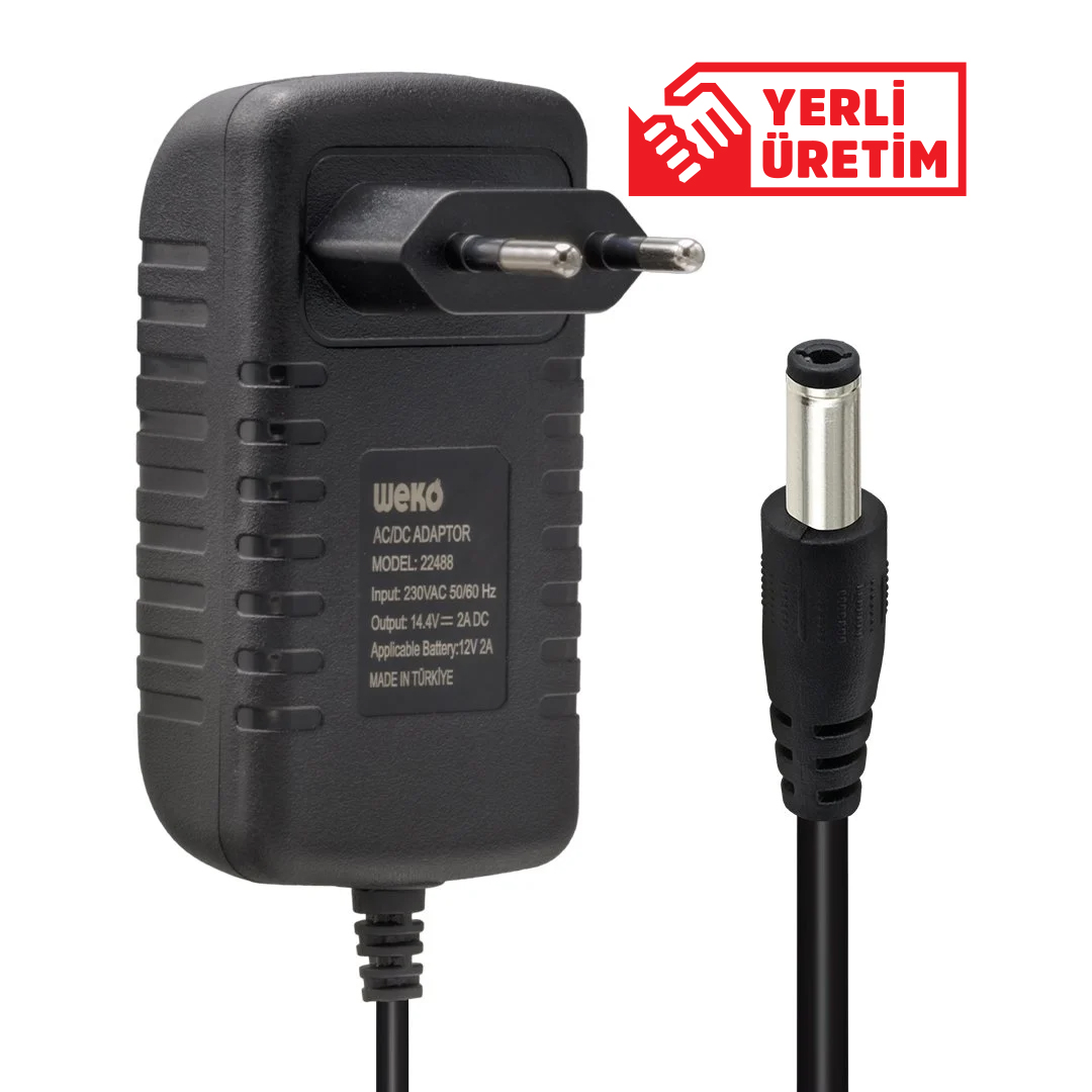 WEKO 14.4 VOLT - 2 AMPER 5.5*2.5 UÇLU KIRMIZI YEŞİL LEDLİ YERLİ ÜRETİM AKÜ ŞARJ CİHAZI (OUT:12V-2A)
