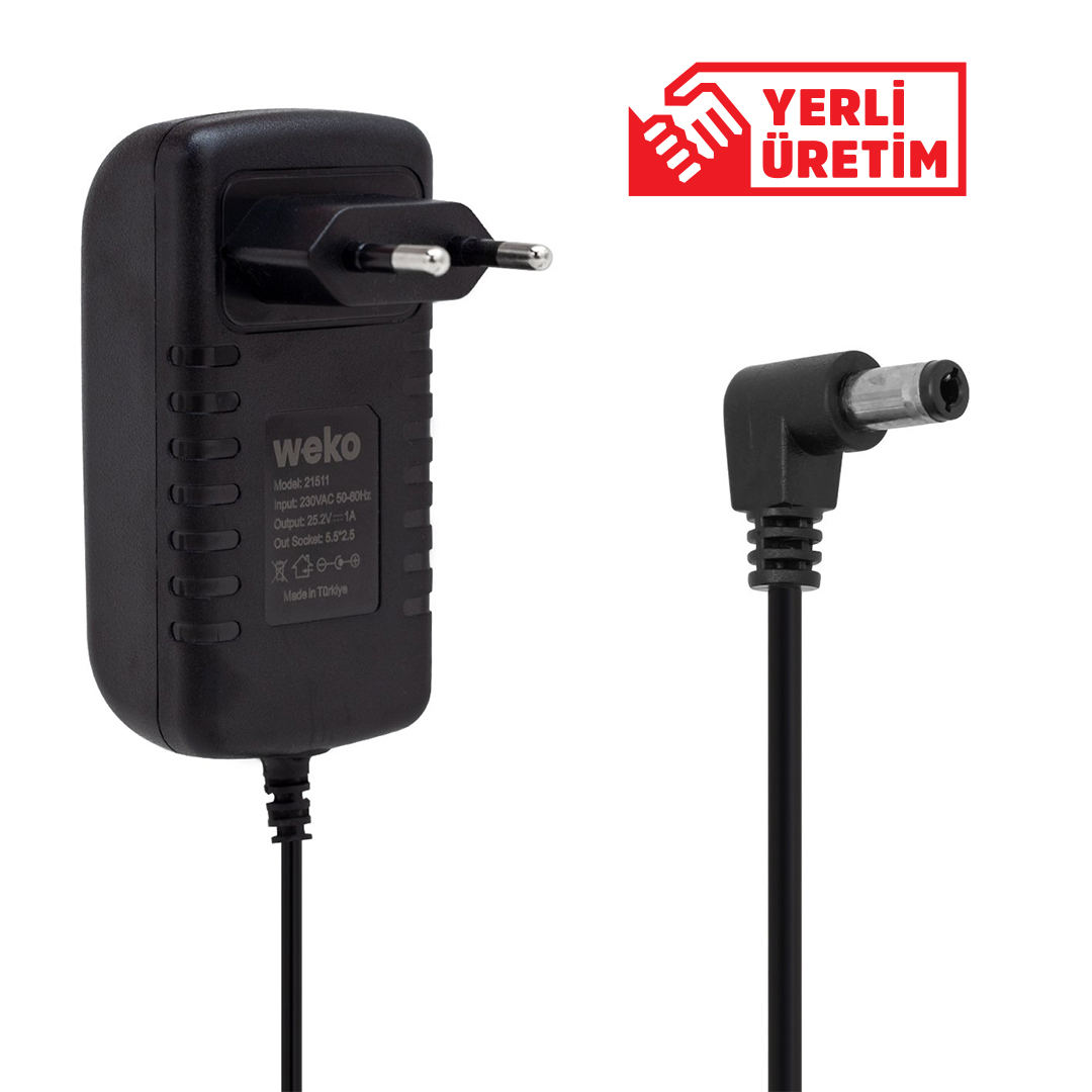 WEKO 25.2 VOLT - 1 AMPER 5.5*2.5 UÇLU YERLİ ÜRETİM KIRMIZI YEŞİL LEDLİ PRİZ TİPİ LİTYUM ŞARJLI MATKAP ADAPTÖRÜ