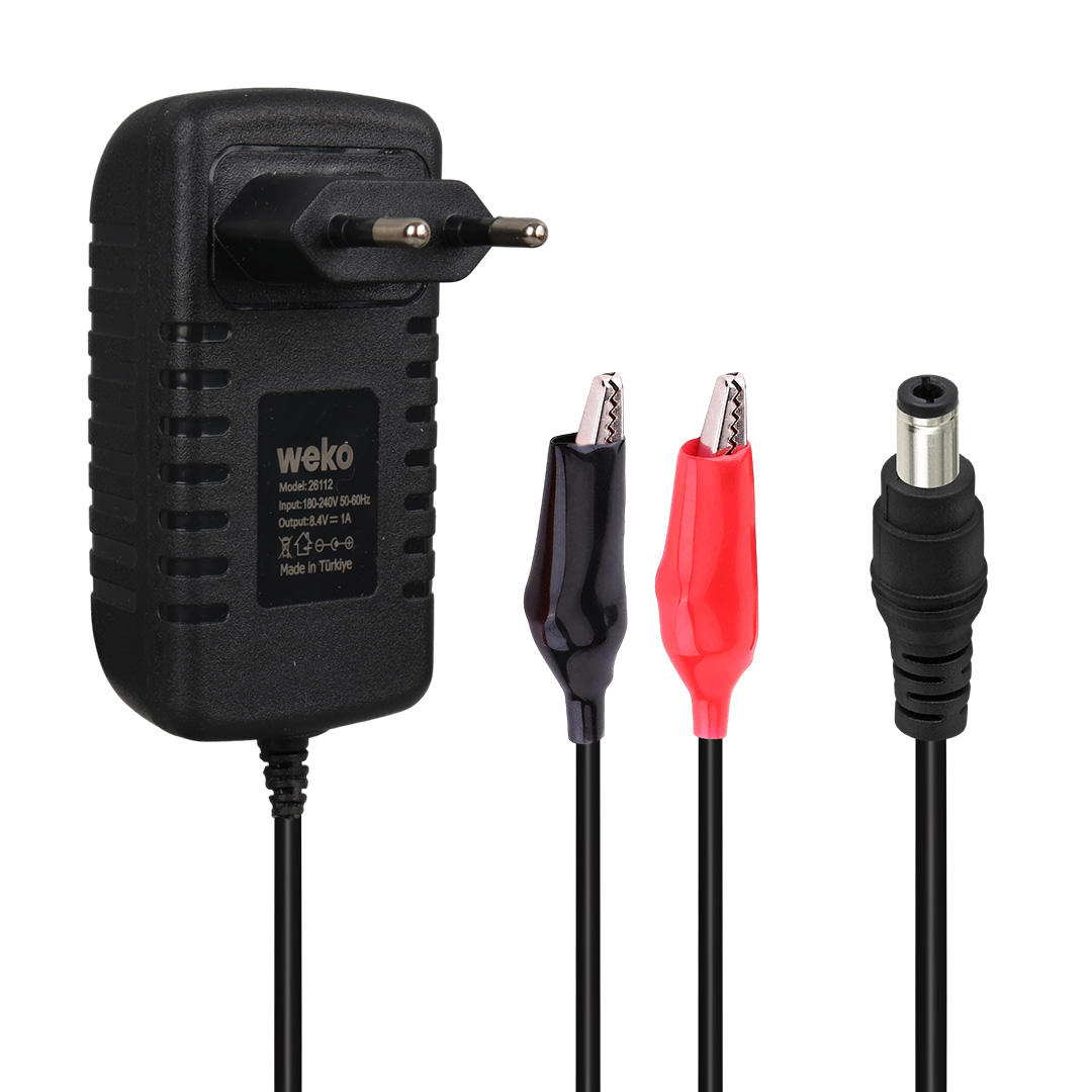 WEKO 8.4 VOLT - 1 AMPER 5.5*2.5 UÇLU + KROKODİL APARATLI YERLİ ÜRETİM AKÜ ŞARJ CİHAZI