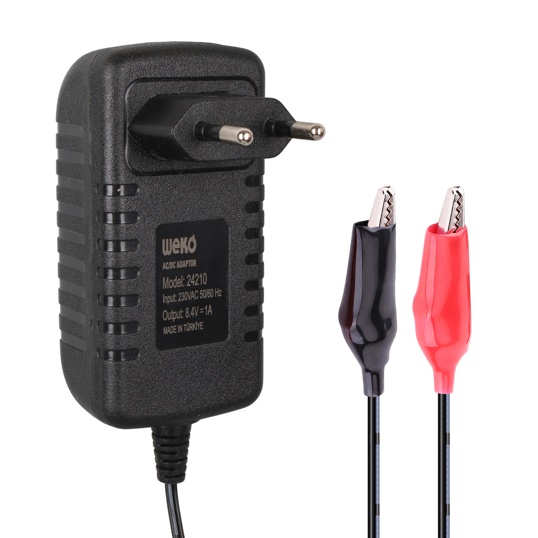WEKO 8.4 VOLT - 1 AMPER KROKODİL UÇLU PRİZ TİP KIRMIZI YEŞİL LEDLİ YERLİ ÜRETİM AKÜ ŞARJ ADAPTÖRÜ (OUT:6V1A)