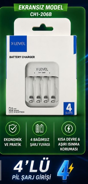 X-LEVEL CH1-206B 4'LÜ AA/AAA EKRANSIZ HIZLI PİL ŞARJ CİHAZI (PİLSİZ)