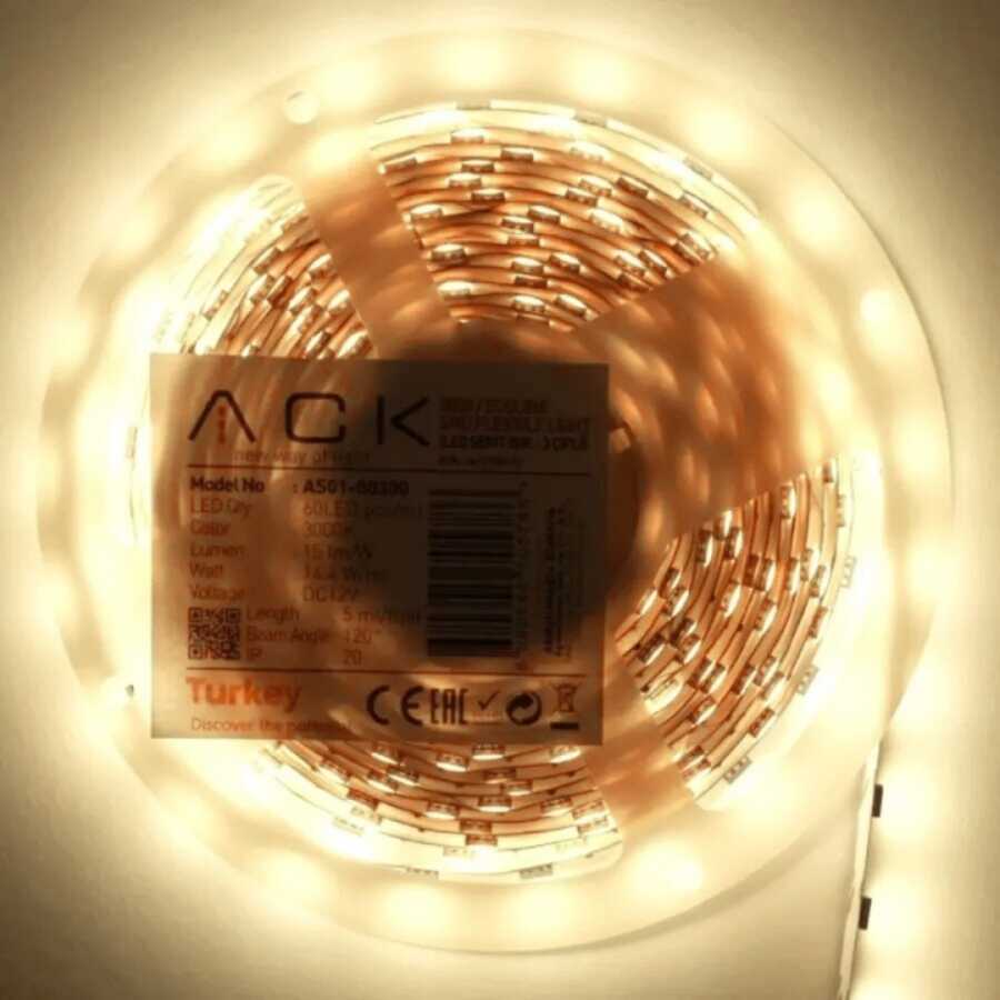 ACK AS01-02501 10W/mt 12V 120 Ledli Şerit Led 4000K Sıcak Beyaz