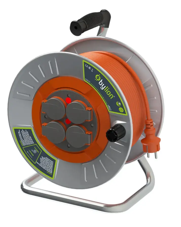 BYLION MMP-30325-F Kapaklı Metal Seyyar Makara Ø300 IP44 F Tipi 3x2,5 TTR 30M Turuncu Kablo