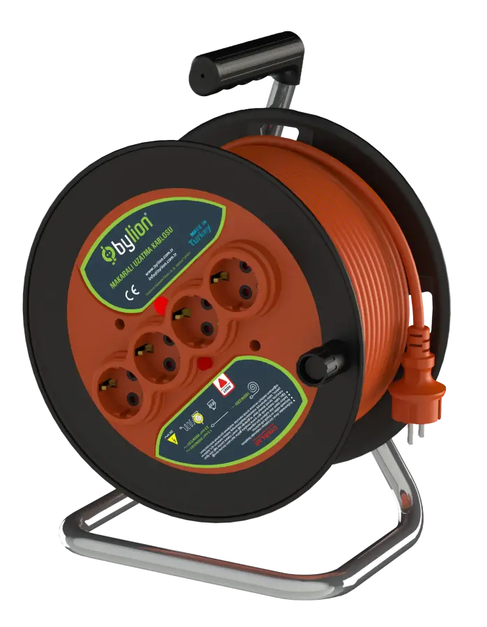 BYLION PMK-50325-F Plastik Seyyar Makara Ø280 IP20 F Tipi 3x2,5 TTR 50M Turuncu Kablo
