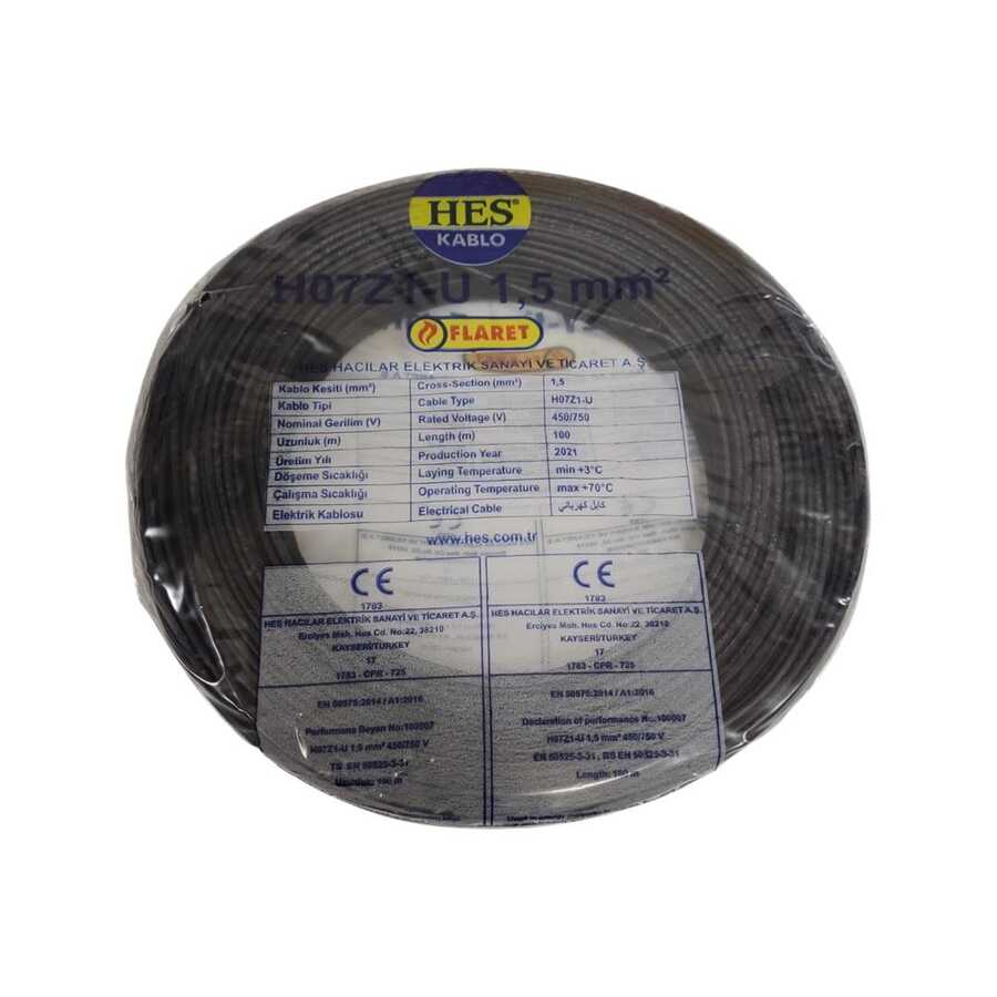 Hes Nya Kablo 1,5 Mm Siyah (H07z1-U) Halojen Free