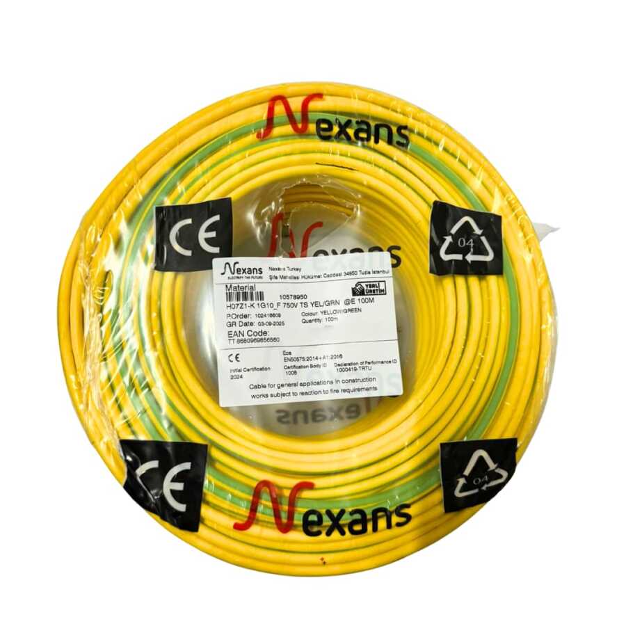 Nexans NYAF Kablo 10 mm² Sarıyeşil (H07Z1-K) Halogen Free 100'lük